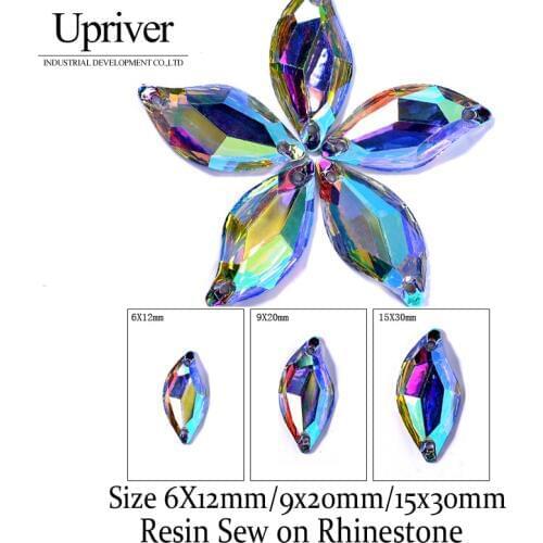 Upriver New Sewing Resin Diamond Leaf Crystal AB Flat Back 2 Resin Seam Rhinestone costume decoration
