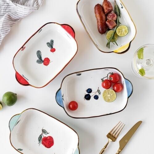 Gourmet Utensils 500Ml Hand-Painted Ceramic Ovenware Cheese Baking Pan Dual Handle Plate Radish Rose Lemon Pattern Creative Tray