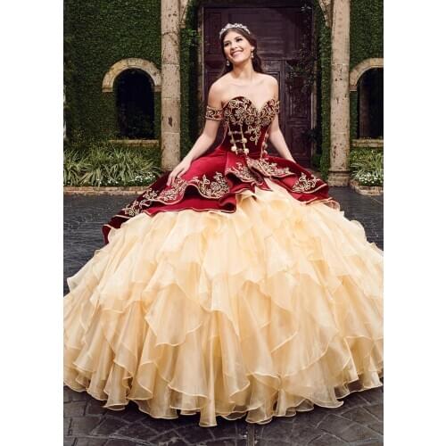 Real Photos Wine Red Velvet Mexican Charra Quinceanera Dresses Ball Gown Embroidery Gold Buttons Sweet 16 Dress Vestidos 15 Anos