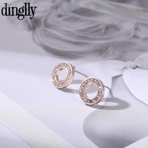 Dinglly rose Gold Circle Crystal Earrings For Women Girl Original Lover Couple Birthday Gift Fine Round Stud Earrings Jewelry
