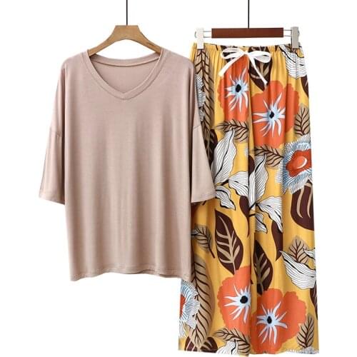 Cotton Blend Pyjamas Sleep Suit Spring Womens Short Sleeve V-Neck Pajamas Sets Print Home Sleepwear Casual Lounge Nightwear