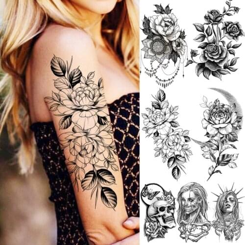 Large Flowers Temporary Tattoos For Women Adults Skull Character Face Pendant Moon Fake Tattoo Sticker Sexy Arm Thigh Tatoos