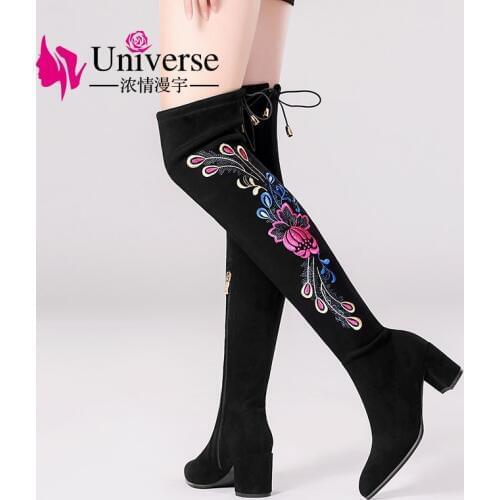 Universe Plus Size Handmade Embroider Suede Boots Over The Knee Women Winter Shoes Warm Short Plush Lining 6.5cm/2.56" Heel G418