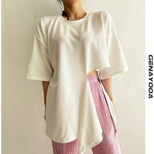 Genayooa Womens T-shirt O-neck Short Sleeve Loose Korean Tshirt Women Clothes 2021 Summer Split Tee Shirt Femme Streetwear