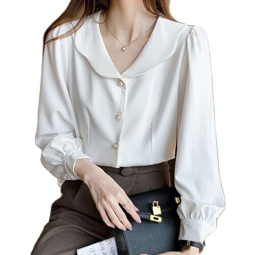 Peter Pan Collar White Shirt Women New 2021 Summer Tops Long Sleeve Casual Woman Clothes Button Chiffon Blouse Chemisier Femme