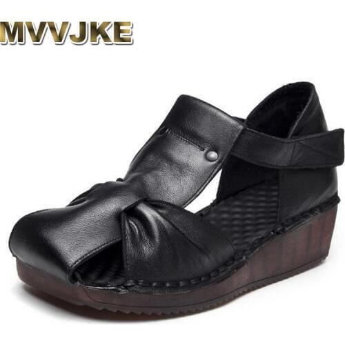 MVVJKE Summer Women shoes Retro Wedge sandals Handmade Genuine leather Cap Toes sandals