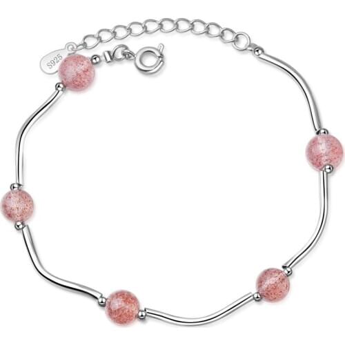 Five Natural Strawberry Crystal Lucky Beads Bracelet For Women Best Gift Silver Color Bracelet Bangles