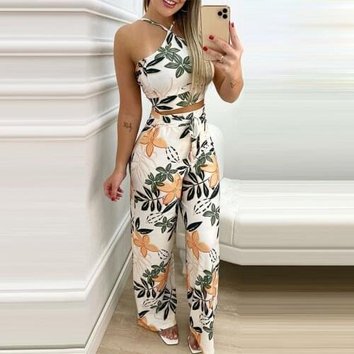 Froal Print Sling Backless Women 2 Piece Set Lace Up Slim Crop Tops High Waist Wide Leg Pants Suit 2021 Fashion Casual Lady Sets