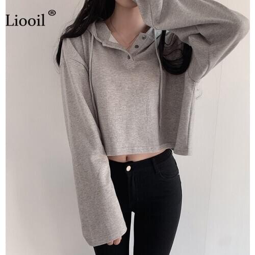 Casual Black Gray Short Sweatshirts Women 2020 Hooded Long Sleeve With Button Female Autumn Winter Cropped Pullovers And Hoodies