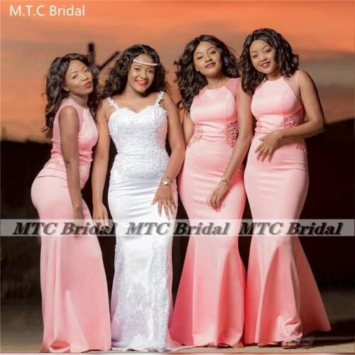 Pink Long Mermaid 2021 African Bridesmaid Dresses Appliques Satin Floor Length Elegant Black Maids Of Honor Wedding Party Gowns