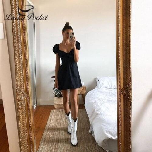 2020 Women Summer Cotton Loose Solid Color Sexy Slim V-Neck Mini Dress Female Fashion Black Puff Sleeve Above Knee Vestidos ML67