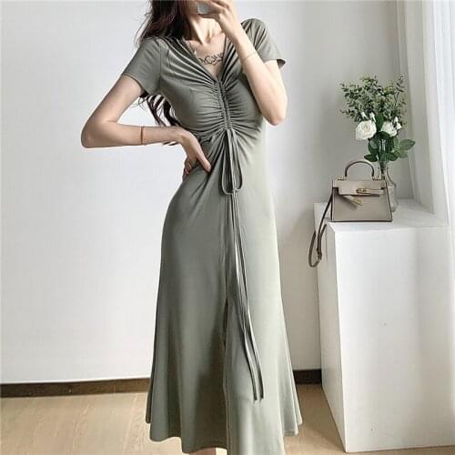 Real Shot 2021 Summer New Womens Party V-Neck Pleated Short-Sleeved Thin Solid Color Holiday Dress