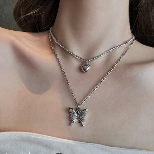Vintage Crystal Butterfly Pearl Necklace for Women Punk Silver Color Heart Choker Necklaces 2021 Trend Jewelry