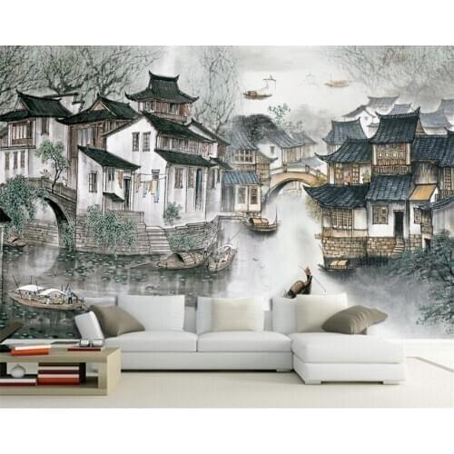 Beibehang Living room bedroom home decoration murals wallpaper Jiangnan Water Village Chinese TV sofa background 3d wallpaper