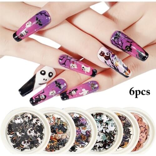 6 Boxes Kapmore Halloween Nail Sequins Cartoon Nail Art Decor Paper Women DIY Decorative Nail Decal Nail Art Decoration