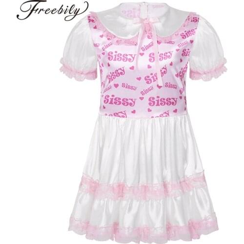 Men Crossdressing Satin Short Puff Sleeves Letter Printed Lace Ruffled Hot Sexy Sissy Dress Nightwear Cross Dresser Costume