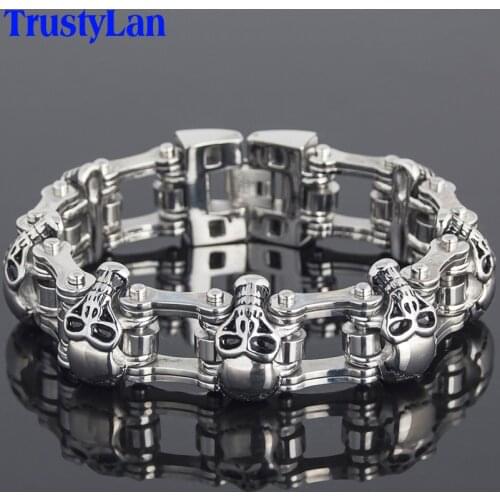 TrustyLan Punk Rock 23MM Wide Skull Chain Man Bracelet Solid Stainless Steel Mens Bracelets Male Handmade Jewelry Armband