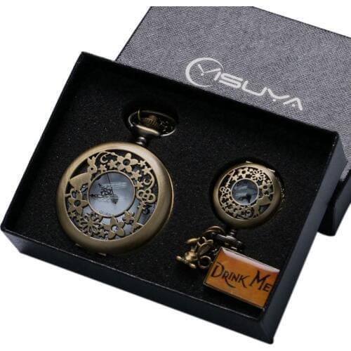 Retro Bronze Alice In Wonderland Drink Me Tag Women Rabbit Flower Pocket Watch Necklace Pendant Novelty Christmas Gifts Box Sets