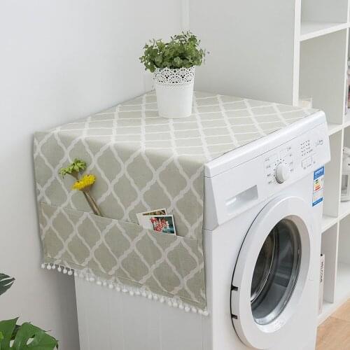 Faux Linen Washing Machine Cover with Pocket Dust Cover Refrigerator Top Microwave Oven Dust Protector Household Home Storage