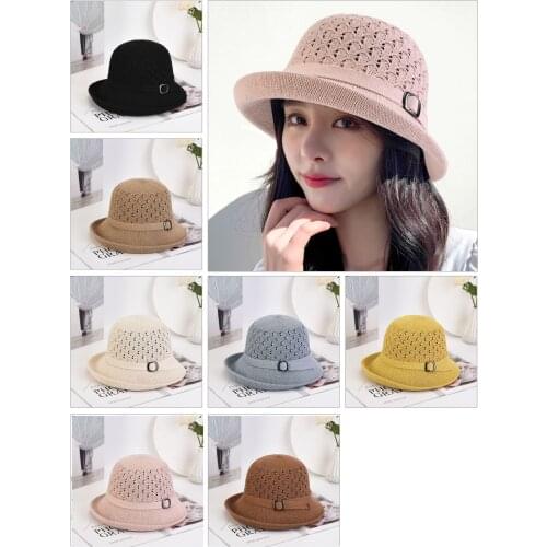 Women Belt Knitted Bucket Hat Breathable Fishing Cap Ladies Packable Panama Hat Female Bucket Cap