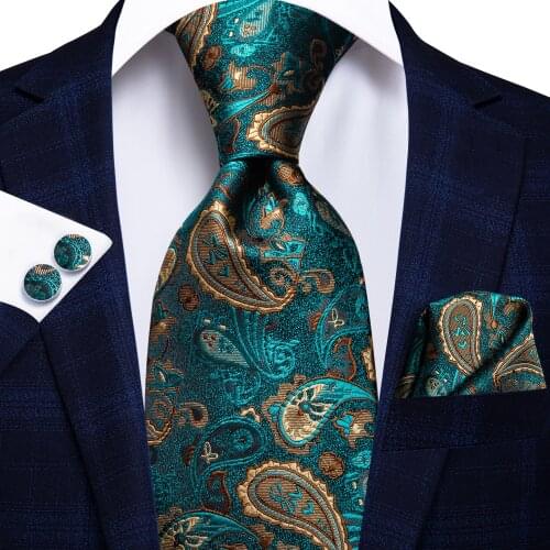 Hi-Tie Mens Tie Set Luxury Dark Green Paisley Silk Wedding Ties For Men New Fashion Design Hanky Cufflinks Set Quality Necktie