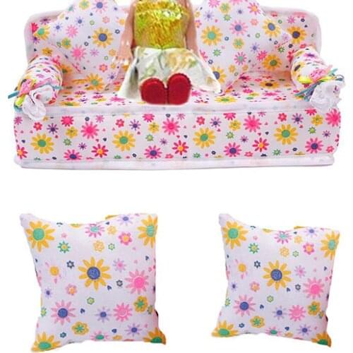 Mini Simulation Furniture Flower Fabric Sofa Couch + 2 Cushions for Doll House Accessories