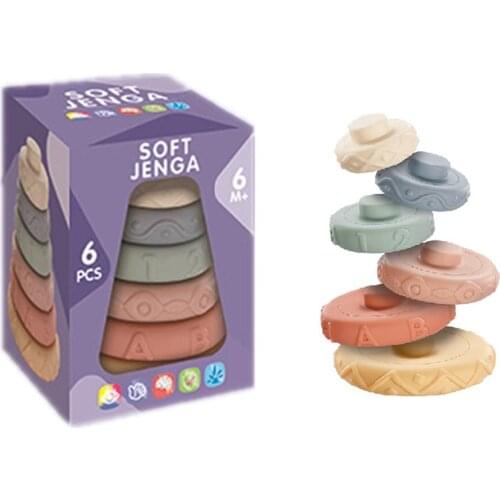 Soft Rubber Rainbow Circle Six Stacking Toy 3d Puzzle Building Blocks Stacked Infant Rubber Seesaw Ring Toy