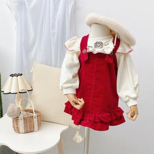 Autumn Baby Girl Clothes Set Lace Collar Puff Sleeve Tshirt Ruffled Strap Dress 2pcs Set for Girl Fashion Cute Child Korean Suit
