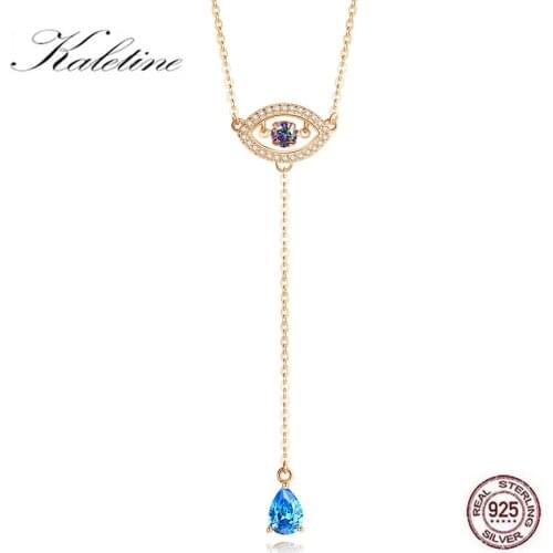 KALETINE 925 Sterling Silver Necklace Women Water Drop Pendant Evil Eye Necklace Blue Zircon Long Chain Turkey Jewelry 2019