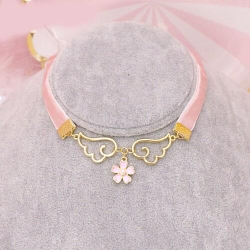 Lolita Necklace Japanese Girls' Beautiful Pink Velvet Sakura Wings Soft sister Harajuku Cosplay Daily Choker Neck Collar