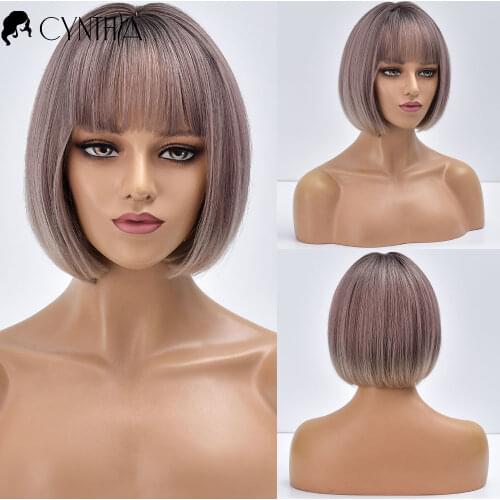 Bob Blonde Short Ombre Straight Brazilian Synthetic Wigs With Bangs For Black White Women Heat Resistant Cosplay Hair Daily Wig