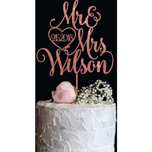 Personalised Mirror Gold Wedding Cake Topper with Last name and Date Elegant Custom Mr and Mrs Cake Topper Gold Silver