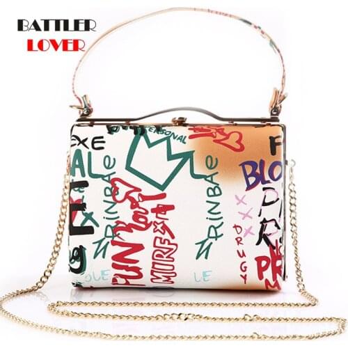 Graffiti Causal Party Evening Bags For Women 2021 Leather Letter Queen Box Handbag Retro Ladies Day Clutch Purses Female Pouches