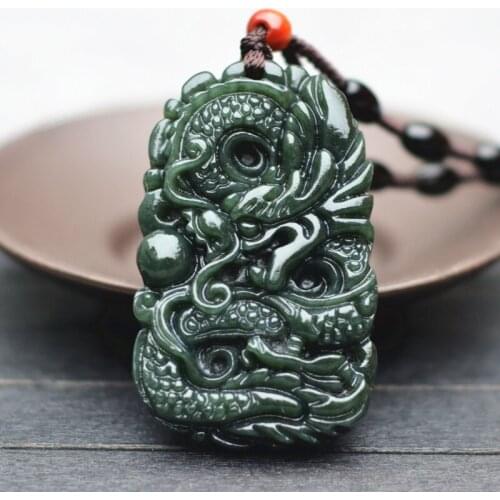 Drop Shipping Natural Dark Green HETIAN Jades Pendant Necklace Carved Chinese Dragon Amulet for mens fashion Jades Pendant