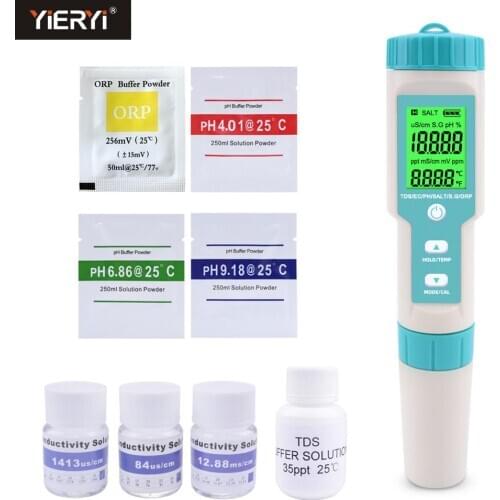 Yieryi 7 in 1 PH/TDS/ EC/ORP/Seawater Specific Gravity/Salinity/Temperature C-600 PH Meter with calibration liquid buffer powder