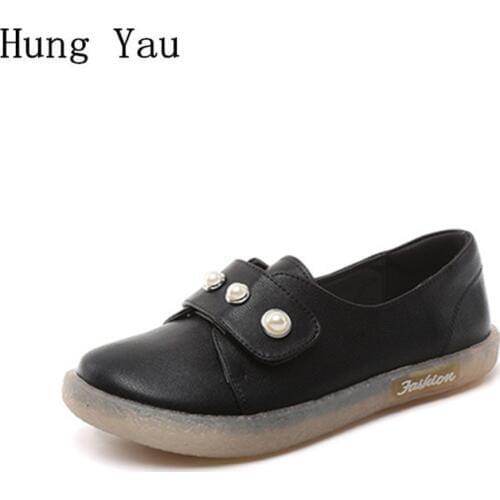 Women Shoes Flats Genuine Leather Summer Fashion Pearl Casual Shoes Woman Flat Soft Sole Work Slip On Walking Shallow Loafers