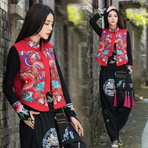 Bohemian Ethnic Style Retro Vests Vacation Casual Coat Embroidery Jacket Sleeveless Vintage Outwear Ladies Chinese Tops