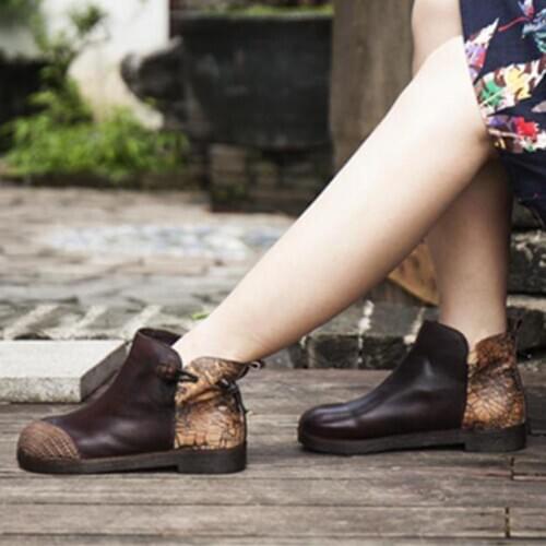 Johnature Retro Women Shoes 2020 New Winter Genuine Leather Platform Boots Round Toe Flat With Sewing Handmade Ankle Boots