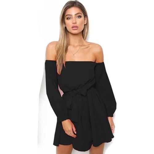 Ladies Sexy Off Shoulder Dress Women Long Sleeve Strapless Slim Lace-Up Belt Mini Dress New Sashes Slash Neck Dress Vestido