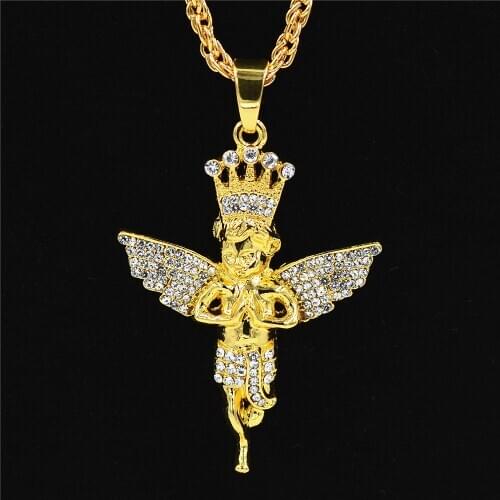 Cross Border E-commerce Popular Crown Angel Pendant Hip Hop Necklace Hip Hop Necklace Color Preserving Plating Necklaces