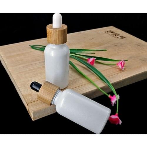 30ml pearl white glass dropper bottle wooden lid bamboo cap cosmetic essential oil pipette bottles cosmetic container
