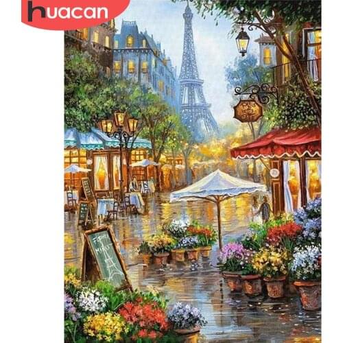 HUACAN Full Square Diamond Painting Cross Stitch Tower Mosaic Rhinestone Scenery DIY Diamond Embroidery Street Home Decoration