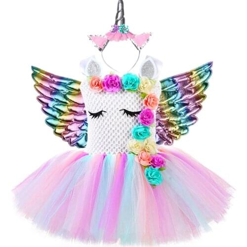 Kids Girls Unicorn Party Tutu Dress with Headband Wings Set Outfit Pastel Flowers Girls Princess Unicorn Birthday Dress Costume