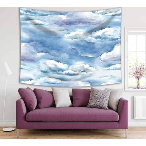 Tapestry Cloudy Sky Watercolor Painting Cloudscape Decerative Nature Theme Artwork Blue White