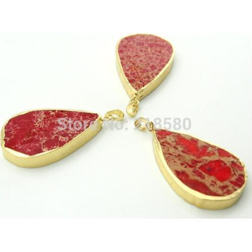 H-SP165 Teardrop Red Imperial Sediment Jaspers Stone Pendants with Electroplated Gold Trim and Bail