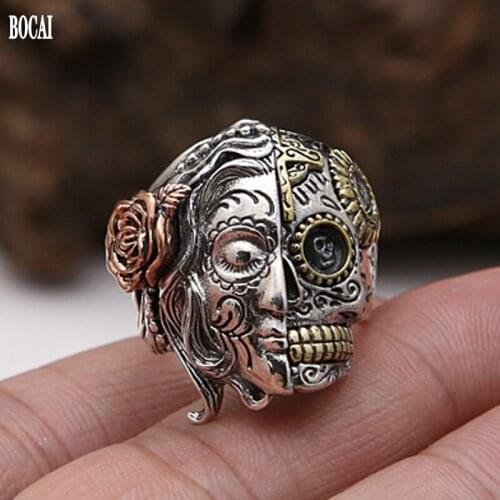 925 Silver Retro Thai Silver Jewelry Individuality Double Face Face Skull Fashion Punk Ring