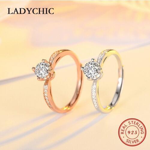 LADYCHIC Women Bridal Classic 925 Sterling Silver Rings Super Shiny Cubic Zircon Wedding Adjustable Crystal Jewelry Ring LRS1005