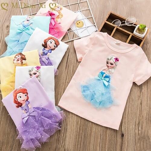 Girls Summer Princess T-Shirt Frozen Elsa Childen Cotton Tees Lace T Shirt 3D Sofia Appliques Kid Birthday Top Clothing Shirt