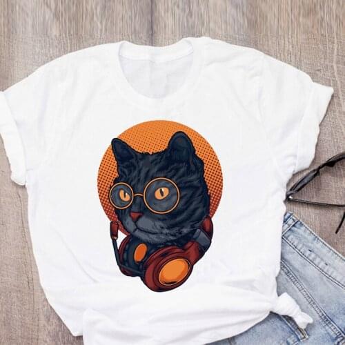 Cute Short Sleeve Animal Tshirt Female Tshirts Cute Cat with Glasses Printed T Shirt Women 90s Graphic T-shirt Harajuku Tops Tee
