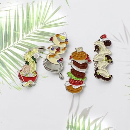 Fashion Personality Design Gourmet Multi-layer Burger Fried Dumplings With Vinegar Extra-long Ramen Brooch Creative Food Badge